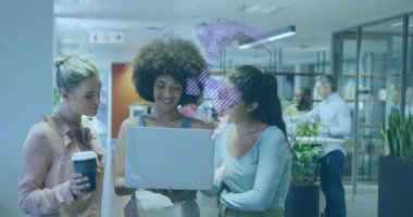 Animation of globe over diverse business people in office. Global business and digital interface concept digitally generated video.