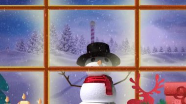 Kar yağarken kış manzarasının animasyonu. Noel, kutlama ve dijital arayüz kavramı dijital olarak oluşturulmuş video.