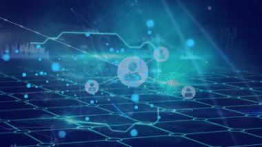 Animation of network of connections with icons over data processing on blue background. Global connections, computing and digital interface concept digitally generated video.