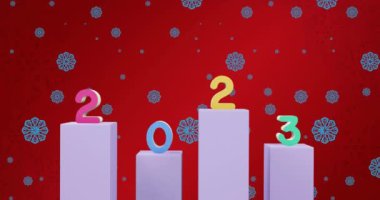 Arka planda 2023 metnin animasyonu ve Noel kar tanesi süslemeleri. Yeni yıl, Noel, şenlik, kutlama ve gelenek konsepti dijital olarak oluşturuldu.