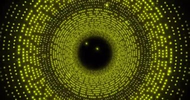 Siyah arka planda dönen yeşil dairelerin animasyonu. Soyut, ışık ve hareket konsepti dijital olarak oluşturulmuş video.