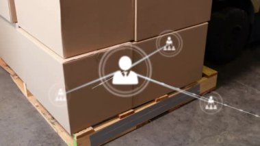 Animation of network of connections over warehouse. Global business and digital interface concept digitally generated video.