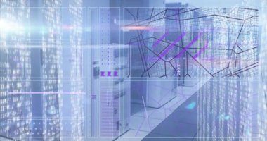 Sunucu odasında veri işleme yapan sütunların canlandırması. Küresel teknoloji, bilgisayar ve dijital arayüz kavramı dijital olarak oluşturulmuş video.