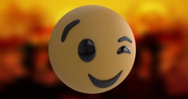 Göz kırpan yüz emoji simgesinin fotokopi alanı ile bulanık arkaplan karşısındaki canlandırması. Sosyal medya ağı ve iş teknolojisi kavramı