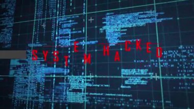 Sistemin animasyonu siyah arkaplandaki veri işleme üzerinden metne sızdı. Küresel teknoloji, çevrimiçi güvenlik ve dijital arayüz kavramı dijital olarak oluşturulmuş video.