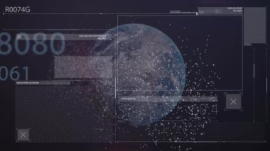 Siyah zemin üzerinde DNA ipliği ve küre üzerinde veri işleme animasyonu. Küresel teknoloji, bilgisayar ve dijital arayüz kavramı dijital olarak oluşturulmuş video.