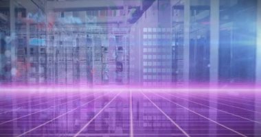 Sunucu odasında veri işleme animasyonu. küresel iş ve dijital arayüz kavramı dijital olarak oluşturulmuş video.