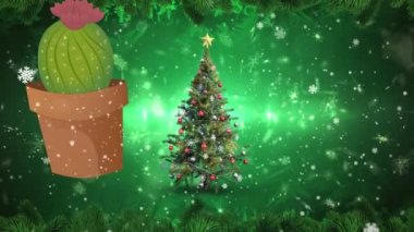 Kaktüs bitkisi animasyonu, Noel ağacı, karlı yıldırım çarpması ve kar taneleri. Dijital olarak üretilmiş, hologram, elektrik, soyut, kış, Noel, tatil ve kutlama kavramı.