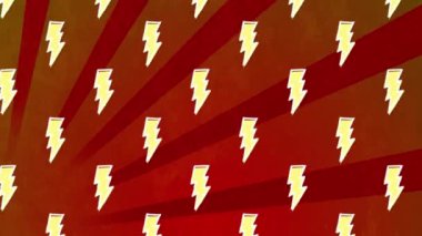 Kırmızı arka planda çizgilerin üzerinde yıldırım simgelerinin canlandırılması. Soyut arkaplan, şablon ve hareket kavramı dijital olarak oluşturuldu.