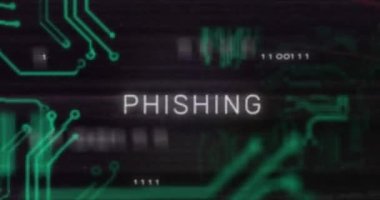 Sahtecilik metni, kırmızı çizgiler, ikili kodlar ve devre kartı deseninde arıza tekniği animasyonu. Dijital olarak üretilmiş, hologram, suç, dolandırıcılık, kodlama, makine yaslanması ve teknoloji kavramı.