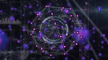 Siyah arkaplanda veri işleme üzerine simgelerle bağlantı ağının animasyonu. küresel bağlantılar, bilgisayar ve dijital arayüz konsepti dijital olarak oluşturulmuş video.