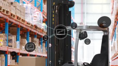 Animation of network of connections over warehouse. Global business and digital interface concept digitally generated video.