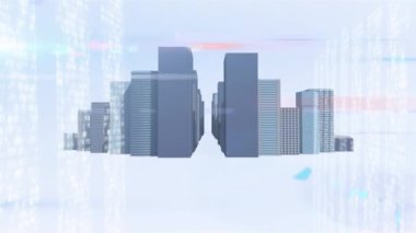 Işıkların animasyonu, veri işleme ve beyaz uzayda binalar. Küresel iş, finans ve ekonomik kriz kavramı dijital olarak üretilen video.