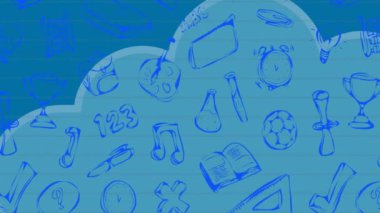 Mavi arkaplandaki bulutların üzerindeki okul eşyalarının canlandırılması. Okula, eğitime ve dijital arayüz konseptine dijital olarak oluşturulmuş video.