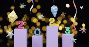 Arka planda 2023 yılbaşı süslemeleri ve metin animasyonu. Yeni yıl, Noel, şenlik, kutlama ve gelenek konsepti dijital olarak oluşturuldu.