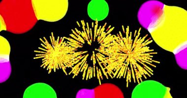 Siyah arka planda şekillerin ve havai fişeklerin animasyonu. Yeni yıl, parti ve kutlama konsepti dijital olarak oluşturuldu.
