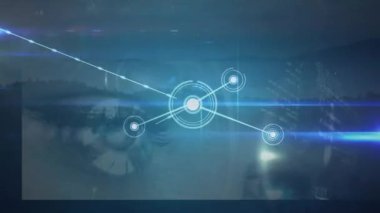 Manzara üzerindeki bağlantı ağının ve veri işleme ağının animasyonu. Dijital olarak oluşturulmuş küresel bağlantılar, bilgisayar ve dijital arayüz kavramı.