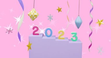 Arka planda 2023 yılbaşı süslemeleri ve metin animasyonu. Yeni yıl, Noel, şenlik, kutlama ve gelenek konsepti dijital olarak oluşturuldu.