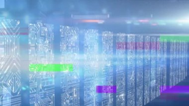 Mavi arkaplan üzerindeki mikroişlemci bağlantılarının ekran üzerindeki bozulma efektinin canlandırması. Bilgisayar arayüzü ve iş teknolojisi kavramı