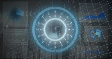 Şehir manzarası üzerinde veri işleme animasyonu. küresel iş ve dijital arayüz kavramı dijital olarak oluşturulmuş video.