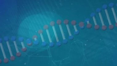 DNA yapısı üzerine düşen beyaz parçacıkların animasyonu ve mavi arka planda ışık lekeleri. Tıbbi araştırma ve bilim teknolojisi kavramı