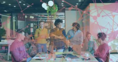 Animation of shapes over diverse business people in office. Global business and digital interface concept digitally generated video.