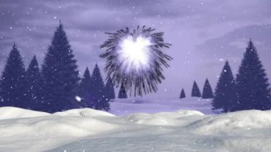 Kar yağarken kış manzarasının animasyonu. Noel, kutlama ve dijital arayüz kavramı dijital olarak oluşturulmuş video.