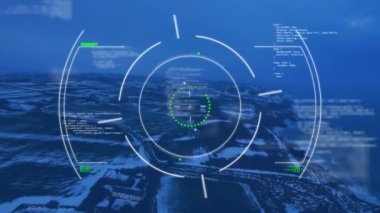 Mavi arkaplan ile veri işleme ve tarama animasyonları. Bilgisayar arayüzü ve iş teknolojisi kavramı