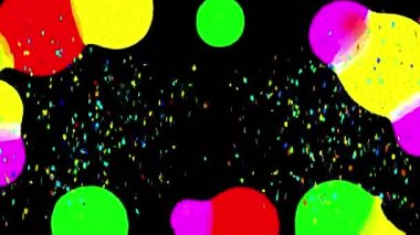 Şekiller üzerinde konfeti animasyonu ve siyah arka planda havai fişekler. Yeni yıl, parti ve kutlama konsepti dijital olarak oluşturuldu.