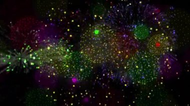 Siyah arka planda havai fişek animasyonu. Yeni yıl, parti ve kutlama konsepti dijital olarak oluşturuldu.