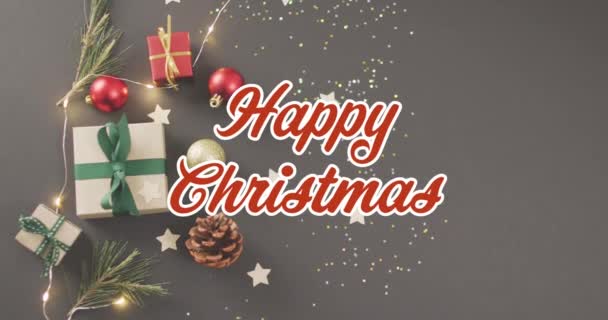 Animación Saludos Navideños Texto Sobre Adornos Regalos Navideños Navidad Festividad — Vídeos de Stock