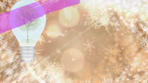 Animatie Van Boom Gloeilamp Abstract Patroon Sneeuwval Sneeuwvlokken Tegen Bokeh — Stockvideo