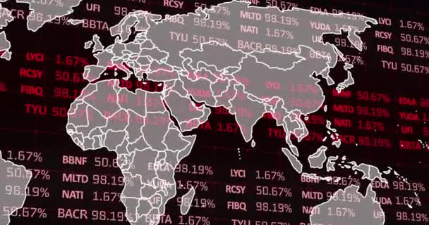 Animación Del Procesamiento Datos Del Mercado Bursátil Sobre Mapa Mundial — Vídeo de stock