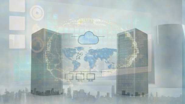 Animation Der Datenverarbeitung Über Gehirn Und Stadtbild Globales Geschäfts Und — Stockvideo
