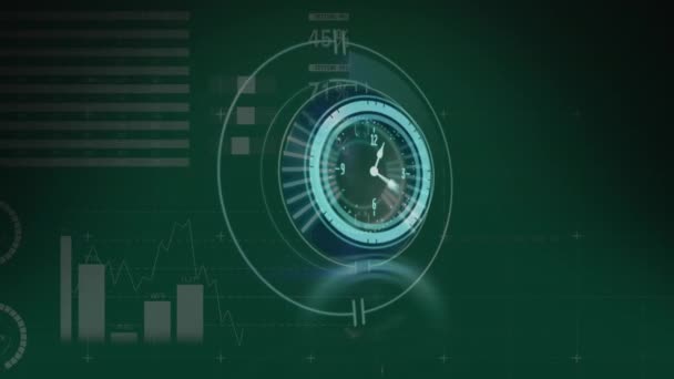 Animation Digital Clock Circles Infographic Interface Moving Green Background Digital — Stock Video