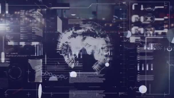 Animation Globe Data Processing Cityscape Global Technology Computing Digital Interface — стоковое видео
