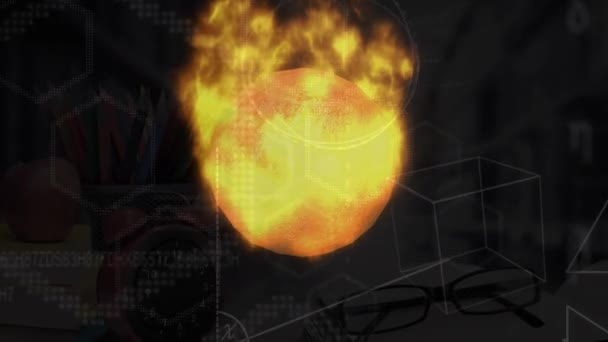 Animación Bola Fuego Sobre Ecuaciones Matemáticas Diagramas Sobre Fondo Negro — Vídeo de stock
