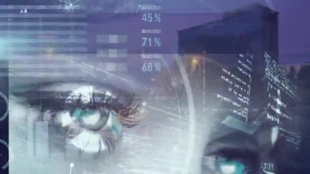Animatie Van Gegevensverwerking Het Stadsgezicht Global Technology Computing Digital Interface — Stockvideo