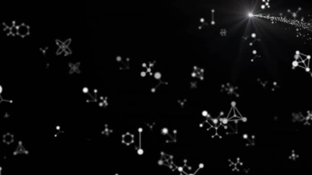在黑色背景上的飞行镜头 闪光和降雪 雪花和多个分子的动画 数字生成的全息图 医疗和保健概念 — 图库视频影像