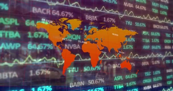 Videó Tőzsdei Adatokról Grafikonokkal Pénzügyi Adatokkal Világtérképen Pénzügy Digitálisan Előállított — Stock videók