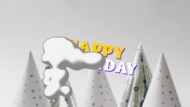 パーティーの帽子の上に幸せな誕生日のテキストのアニメーション 誕生日パーティー パーティー お祭り お祝いのコンセプトデジタル生成ビデオ — ストック動画