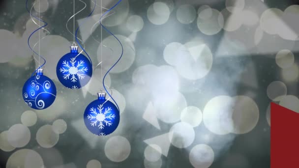 青い色の泡の中で複数のデザインに落下三角形やボケ効果のアニメーション デジタル複合体 複数の露出 クリスマス 休日やお祝いの概念 — ストック動画