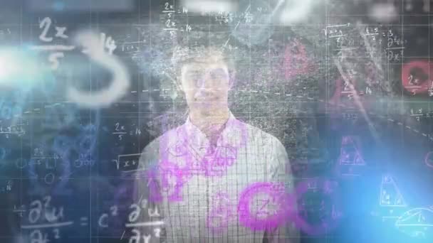 Animación Ecuaciones Matemáticas Sobre Hombre Caucásico Conexiones Globales Computación Interfaz — Vídeos de Stock
