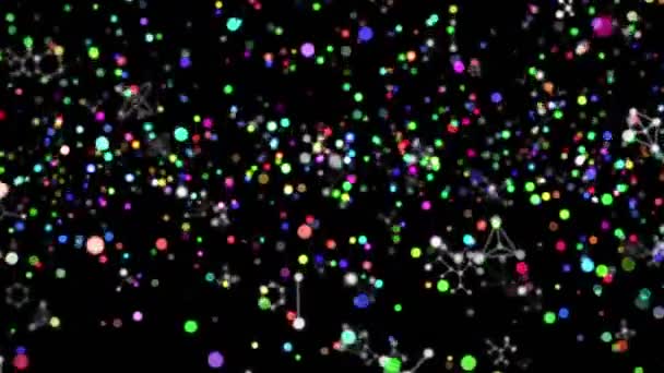 Animaatio Monivärinen Kelluva Pisteitä Yli Useita Geometrisia Muotoja Mustalla Taustalla — kuvapankkivideo
