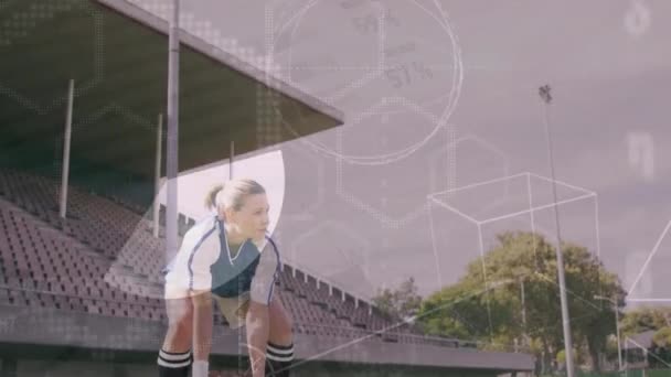 Animering Matematiska Ekvationer Och Diagram Över Kvinnliga Fotbollsspelare Som Tar — Stockvideo