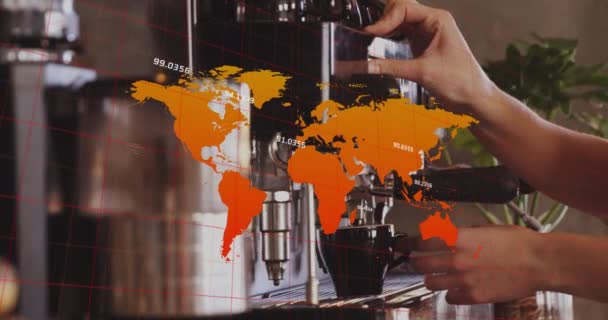 Animering Karta Siffror Beskurna Händer Kaukasiska Kvinna Förbereder Kaffe Genom — Stockvideo