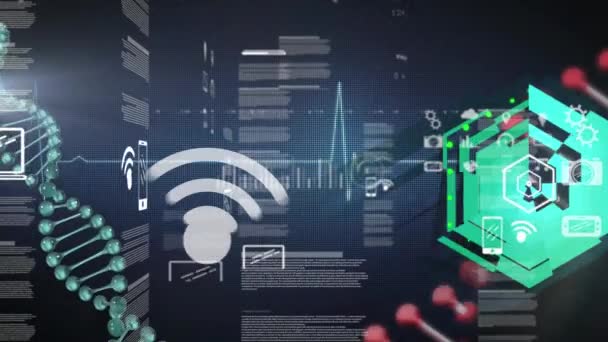 在数据处理中动画Dna链和绿色形状 全球科学 计算机和数字接口概念数字生成视频 — 图库视频影像