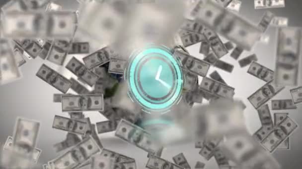 这个视频的特点是一个动画的飞行金钱 与时钟在阿尔法频道 动画展示了连接全球的线路 显示了目的地 — 图库视频影像