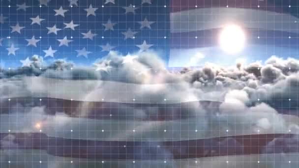 Animatie Van Rasternetwerk Wapperende Amerikaanse Vlag Tegen Wolken Zon Aan — Stockvideo