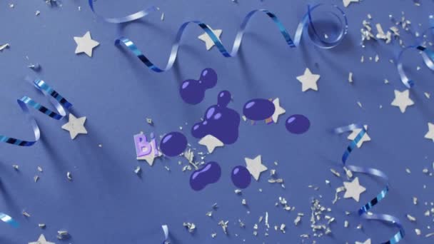 Animation Happy Birthday Text Party Streamers Και Αστέρια Στο Παρασκήνιο — Αρχείο Βίντεο